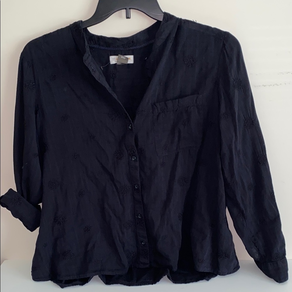 Pilcro Anthropologie Black long sleeve Boxy Button Down Blouse embroidered small